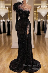 Black Evening Dresses High Neck Side Split Long Sleeve Mermaid Semi Formal Prom Dress Feather Beaded Sexy Special Occasion Gowns